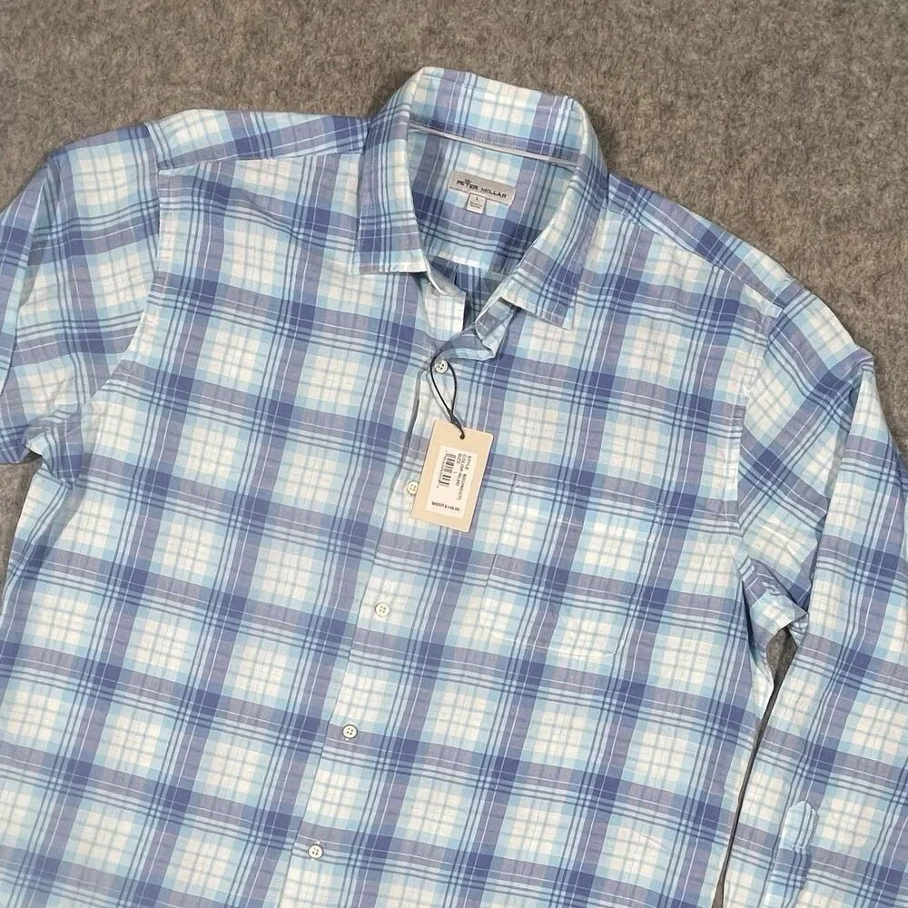 NWT Peter Millar Seaside Island Plaid Shirt Blue Untucked Size Large MSRP $148